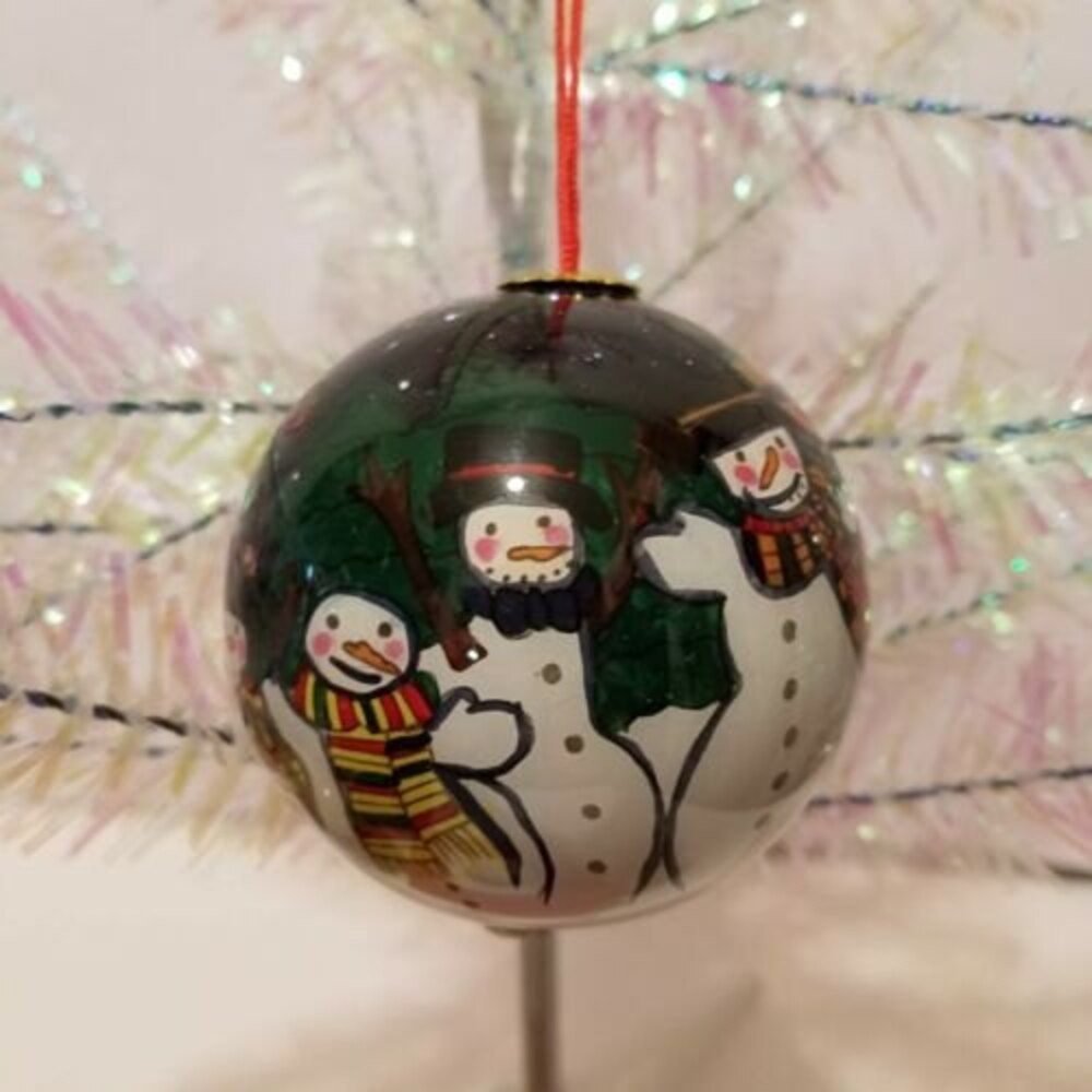 Reverse Inside Painted Glass Art Christmas Ornament & Box Snowman Family Le Bien